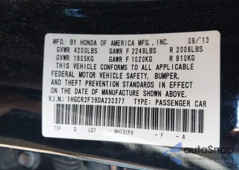 2013 Honda Accord Lx z USA, uszkodzony, nr VIN 1HGCR2F39DA230377